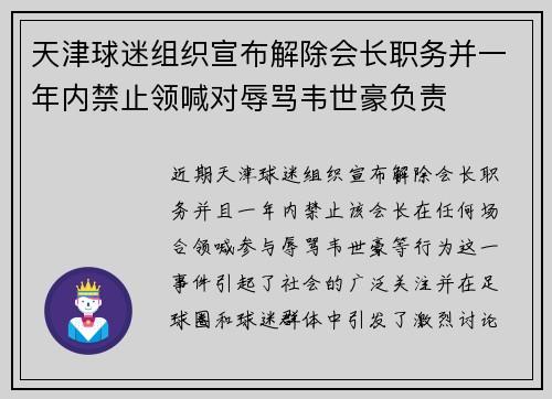 天津球迷组织宣布解除会长职务并一年内禁止领喊对辱骂韦世豪负责